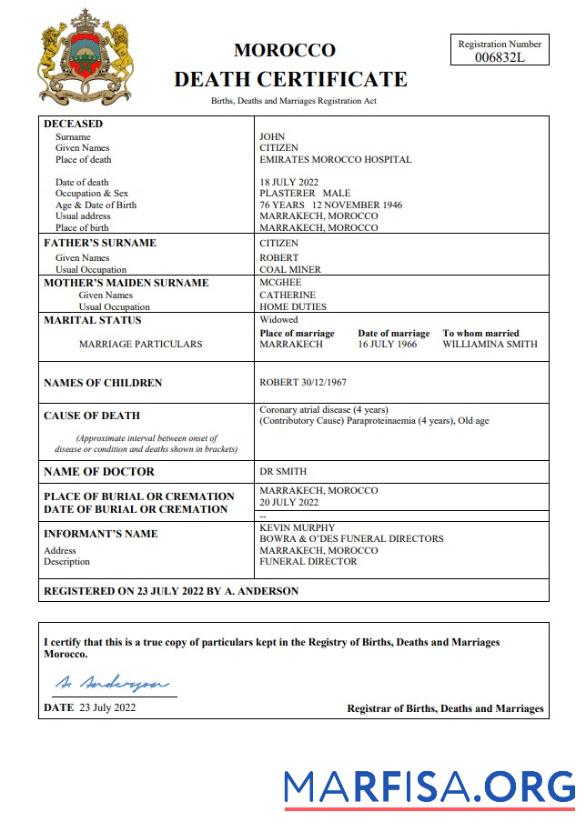 Realistic Morocco vital record death certificate Word and PDF template